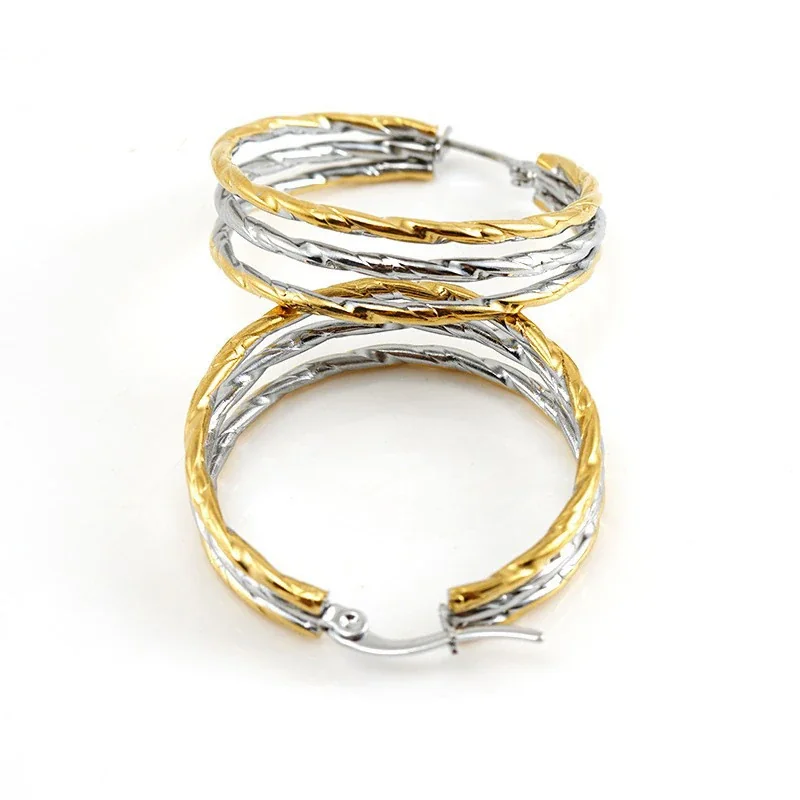 Textured Two-Tone Stainless Steel Multi-Hoop Earrings