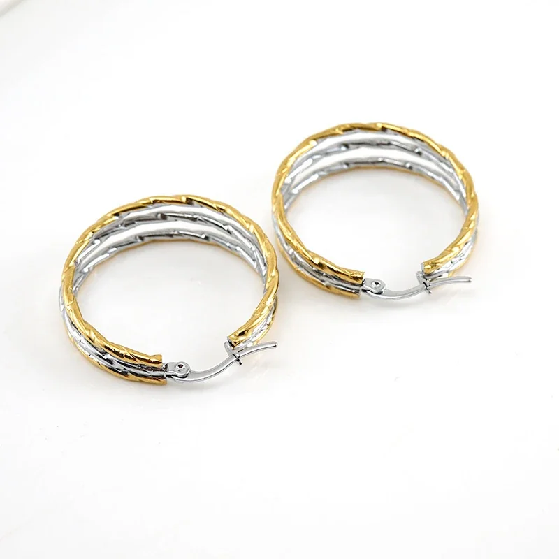 Textured Two-Tone Stainless Steel Multi-Hoop Earrings