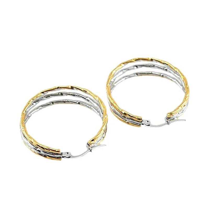Textured Two-Tone Stainless Steel Multi-Hoop Earrings