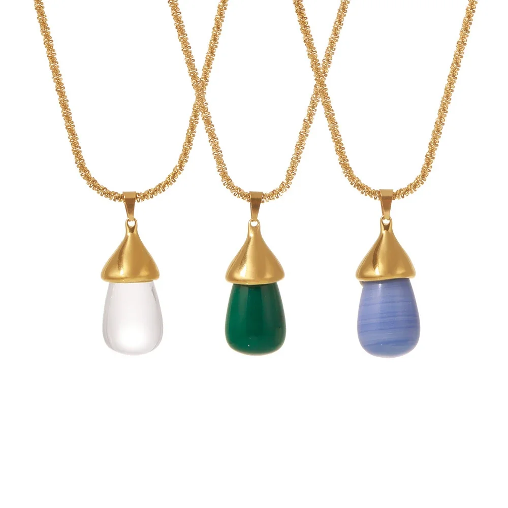 Pendant Necklace with Fluted Cap and Teardrop Resin, Gold-Plated