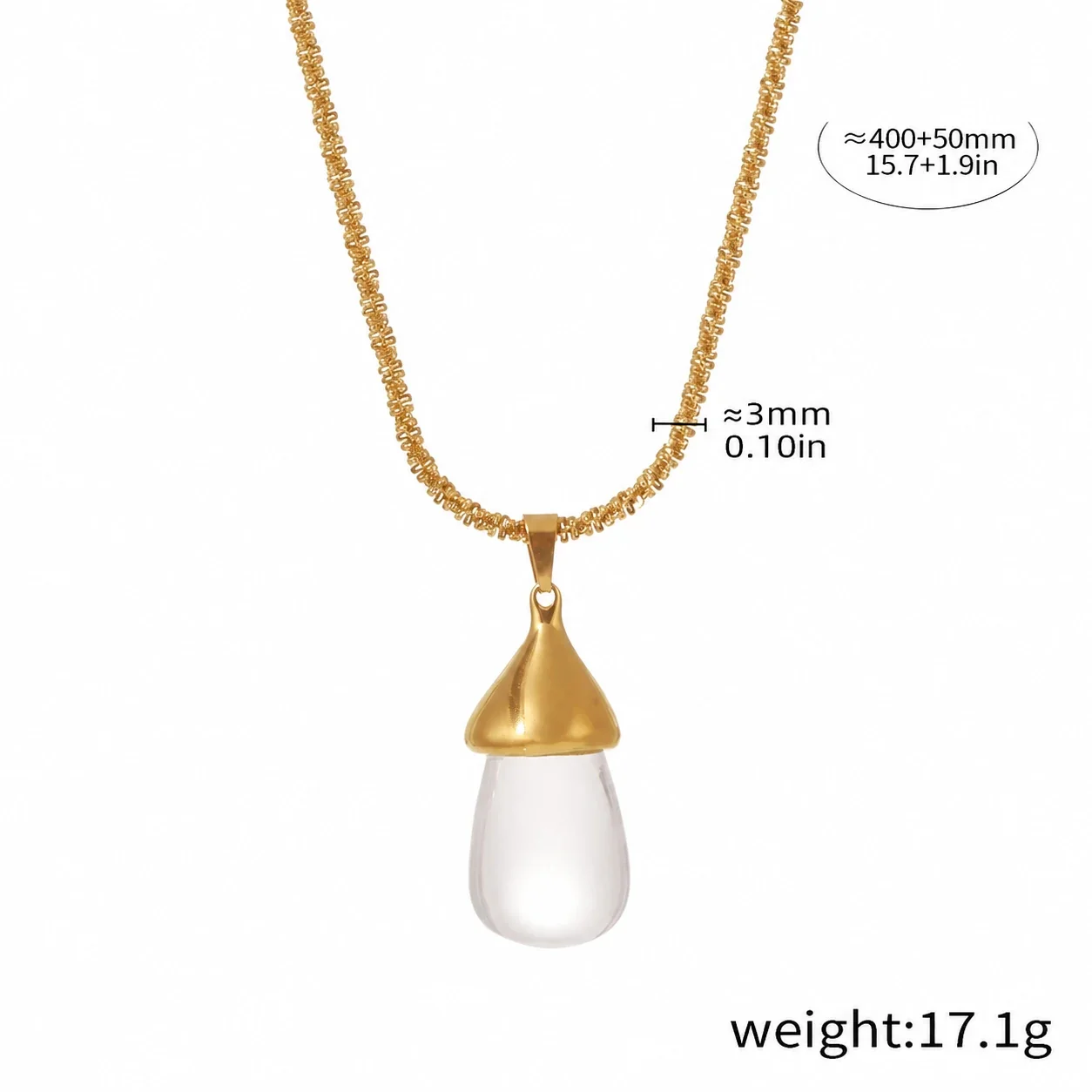 Pendant Necklace with Fluted Cap and Teardrop Resin, Gold-Plated - Gold Transparent White