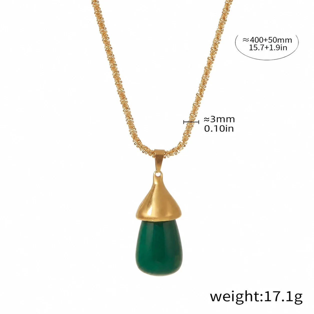 Pendant Necklace with Fluted Cap and Teardrop Resin, Gold-Plated - Gold Emerald Green