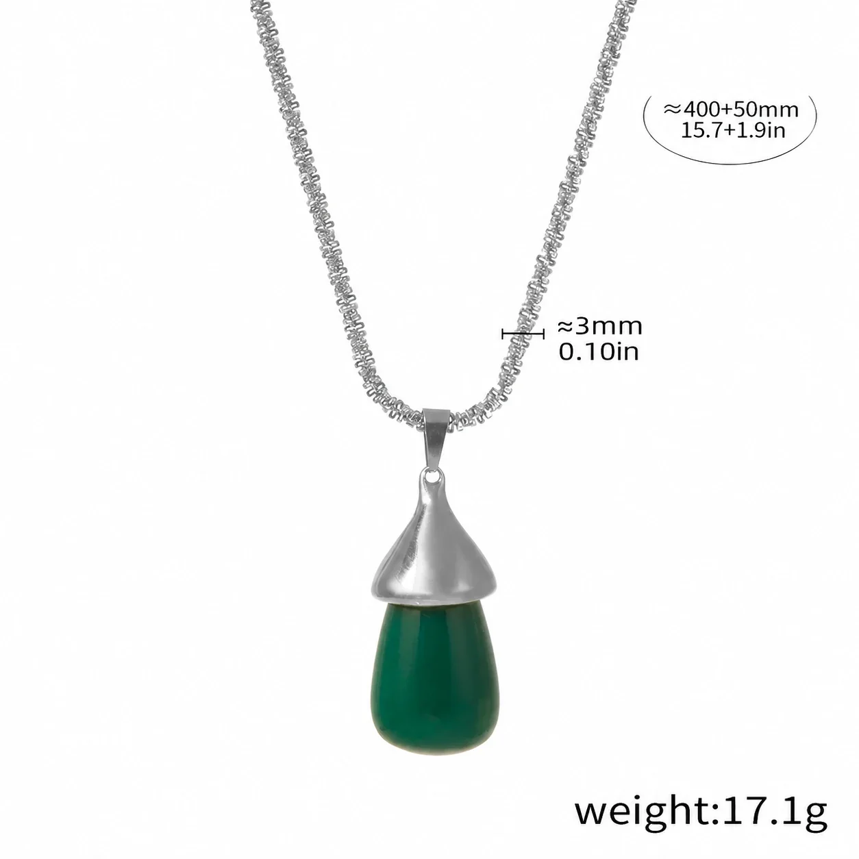 Pendant Necklace with Fluted Cap and Teardrop Resin, Gold-Plated - Silver Emerald Green
