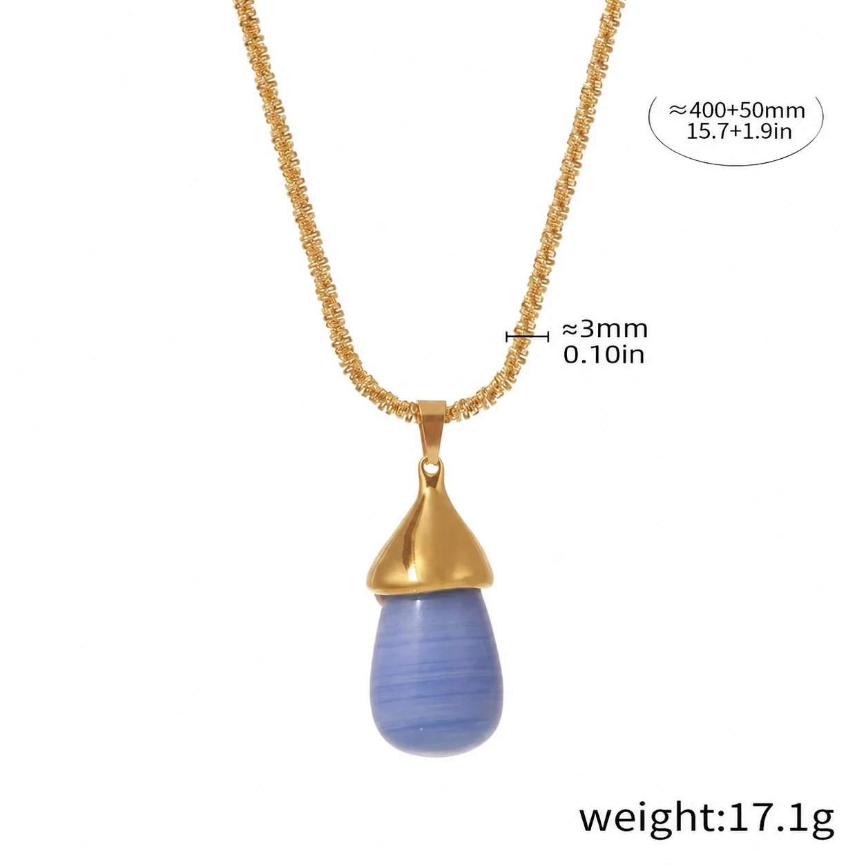 Pendant Necklace with Fluted Cap and Teardrop Resin, Gold-Plated - Gold Light Blue