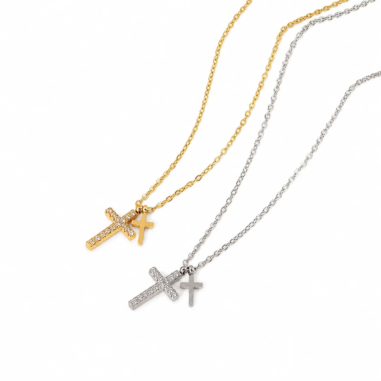 Delicate Gold-Plated Dual Cross Pavé Pendant Necklace