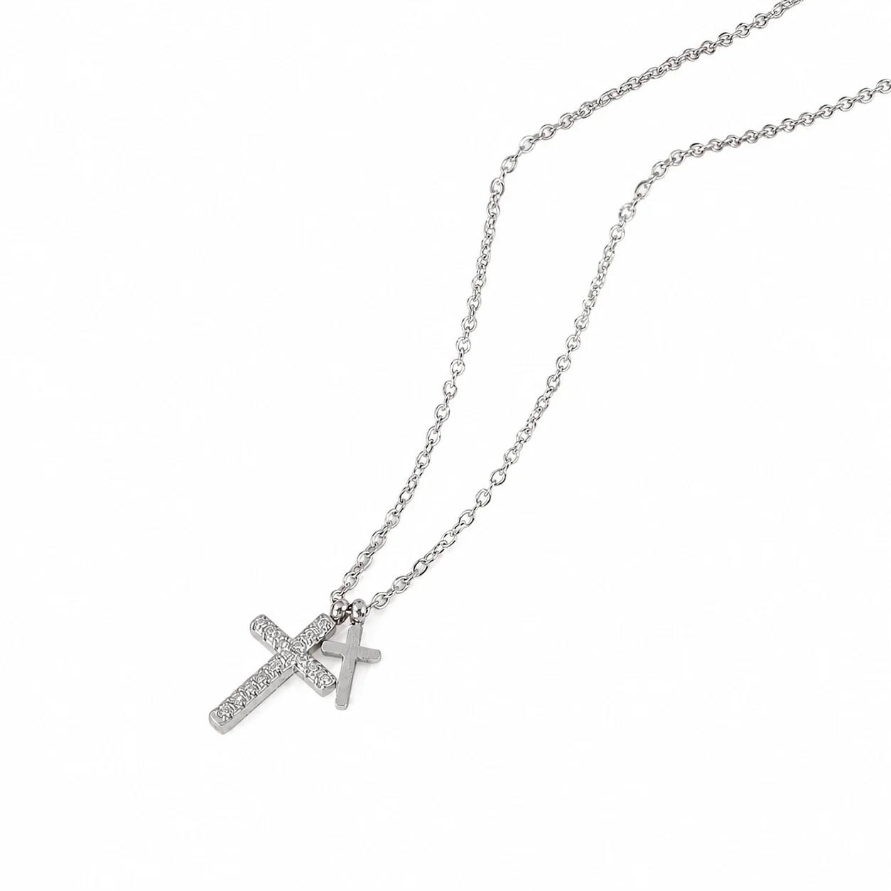 Delicate Gold-Plated Dual Cross Pavé Pendant Necklace