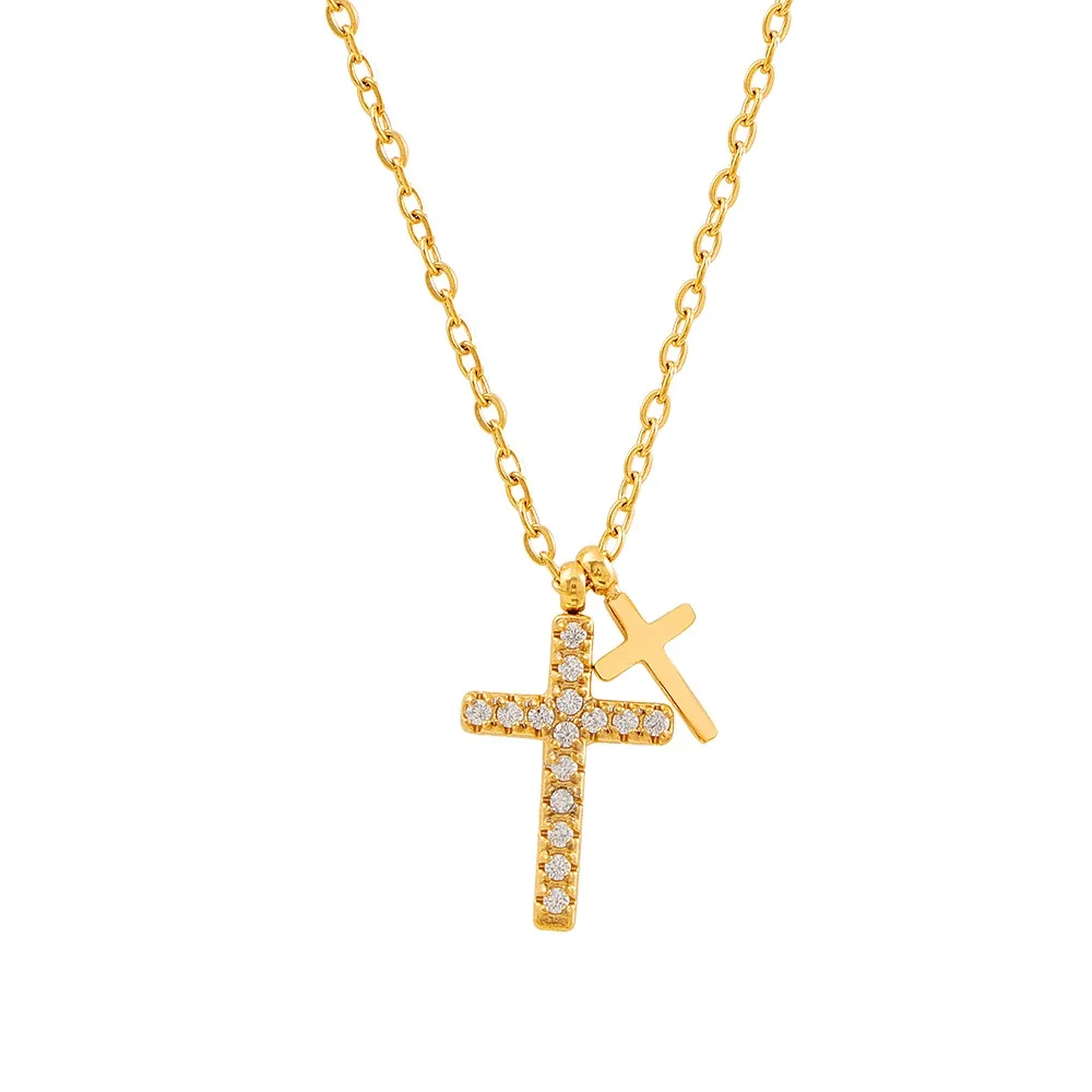 Delicate Gold-Plated Dual Cross Pavé Pendant Necklace