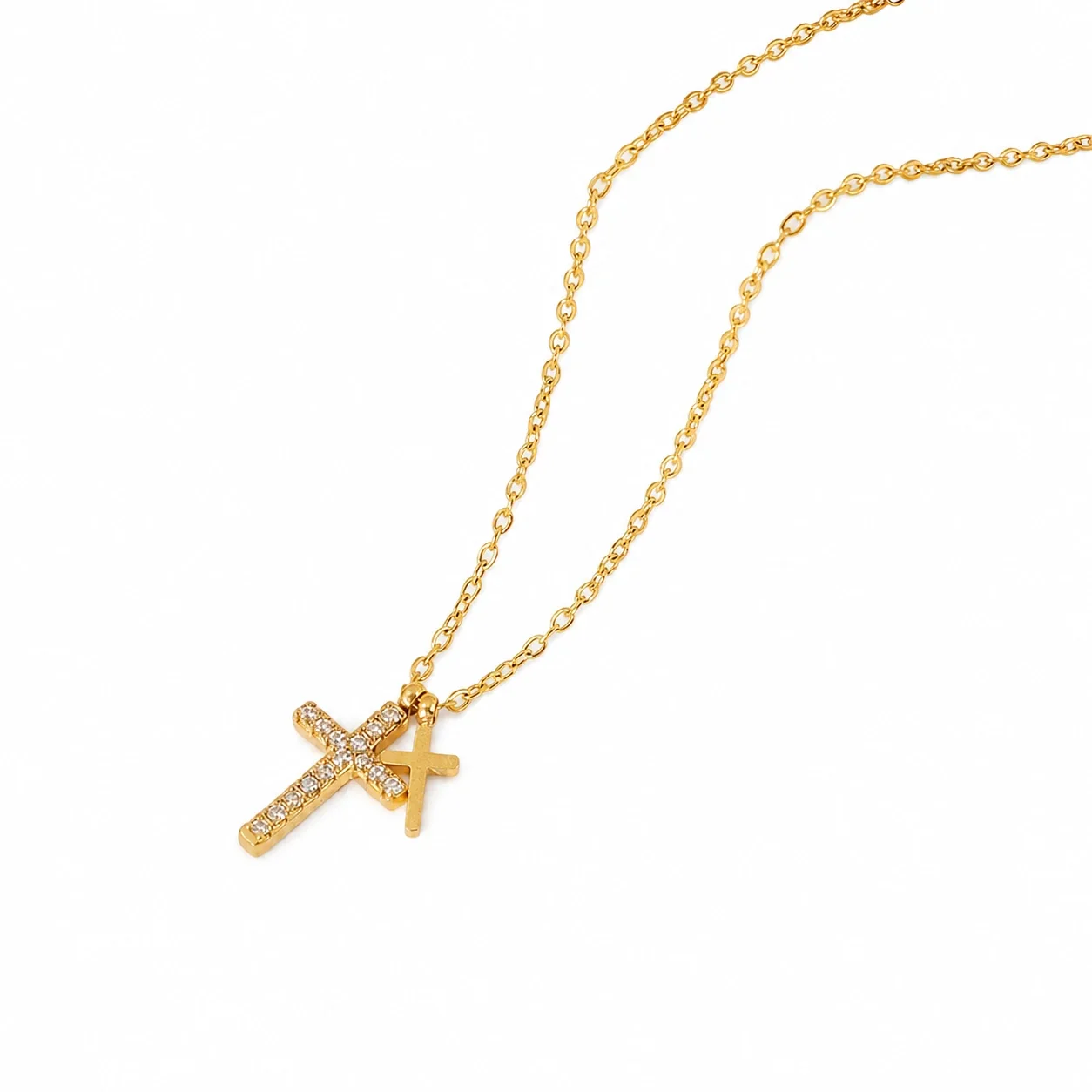 Delicate Gold-Plated Dual Cross Pavé Pendant Necklace - Gold