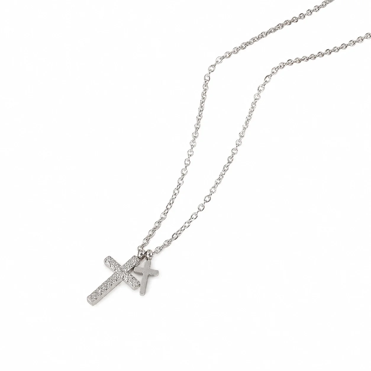 Delicate Gold-Plated Dual Cross Pavé Pendant Necklace - Silver