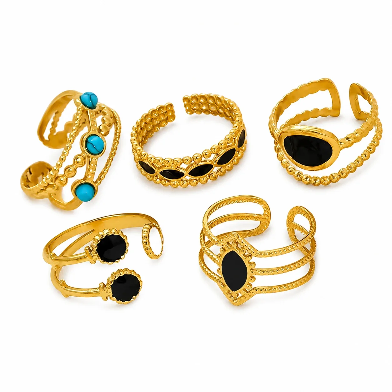 Ornate Gold-Tone Stainless Steel Beaded Enamel Cuff Ring