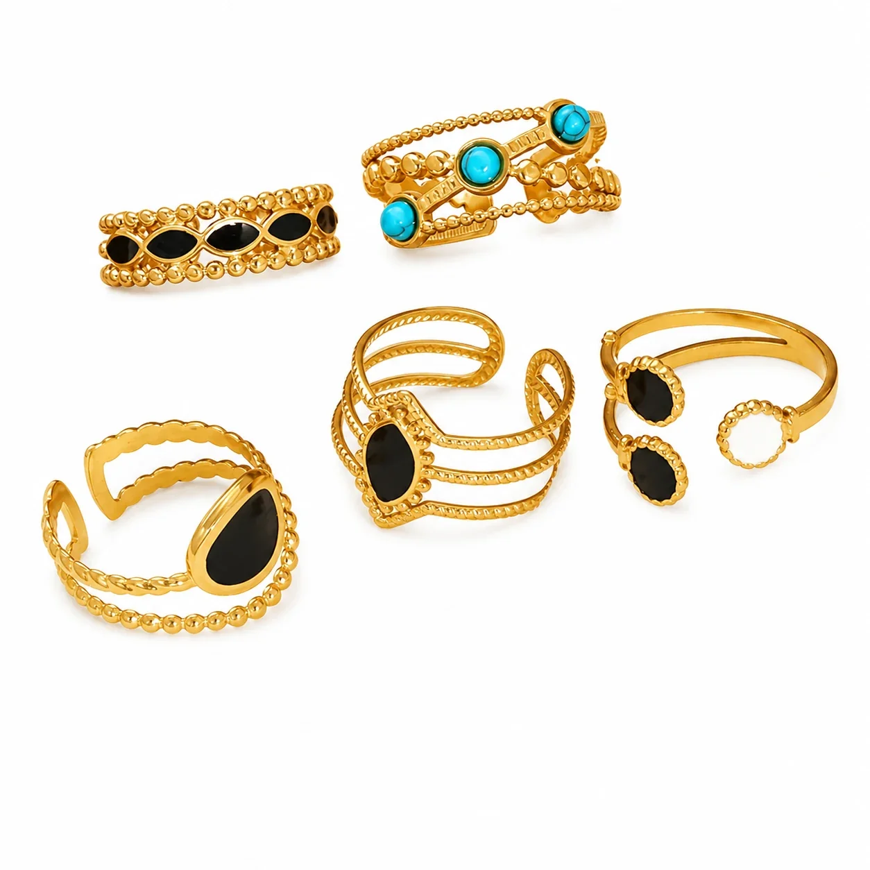Ornate Gold-Tone Stainless Steel Beaded Enamel Cuff Ring