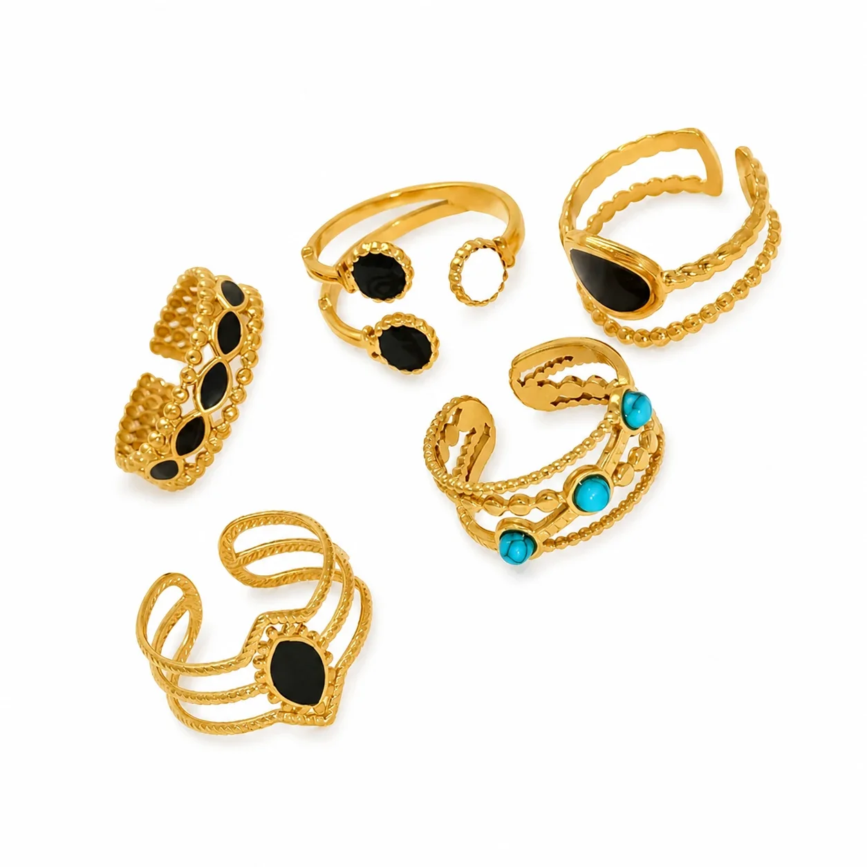 Ornate Gold-Tone Stainless Steel Beaded Enamel Cuff Ring