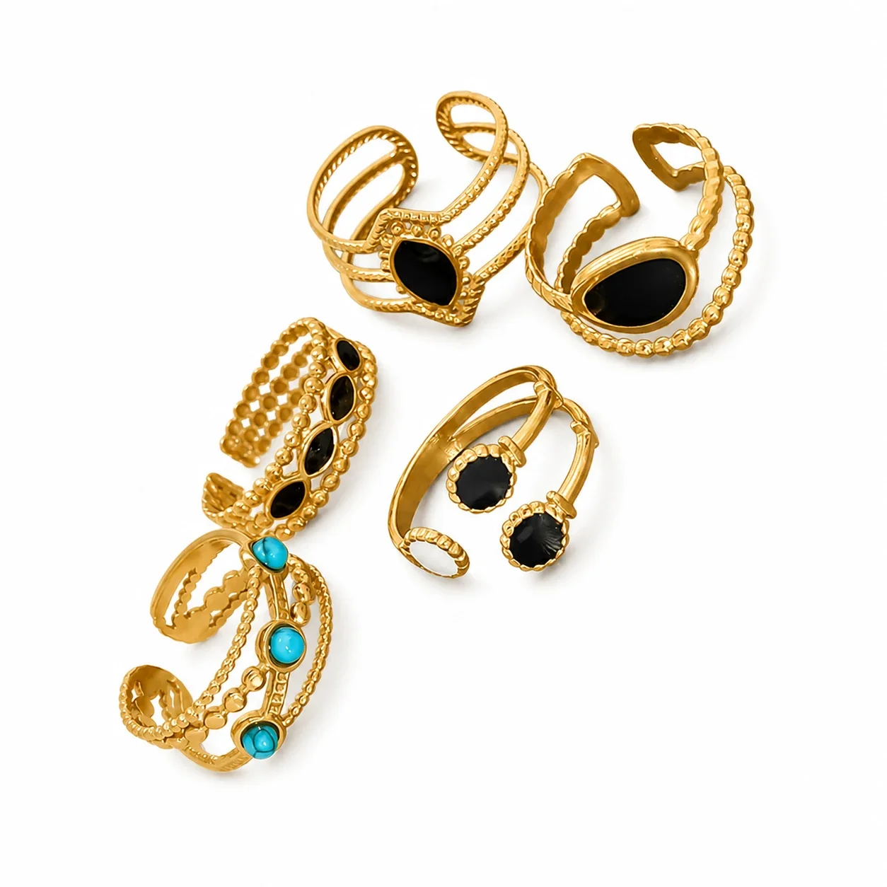 Ornate Gold-Tone Stainless Steel Beaded Enamel Cuff Ring