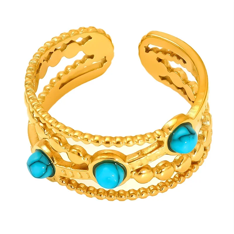 Ornate Gold-Tone Stainless Steel Beaded Enamel Cuff Ring