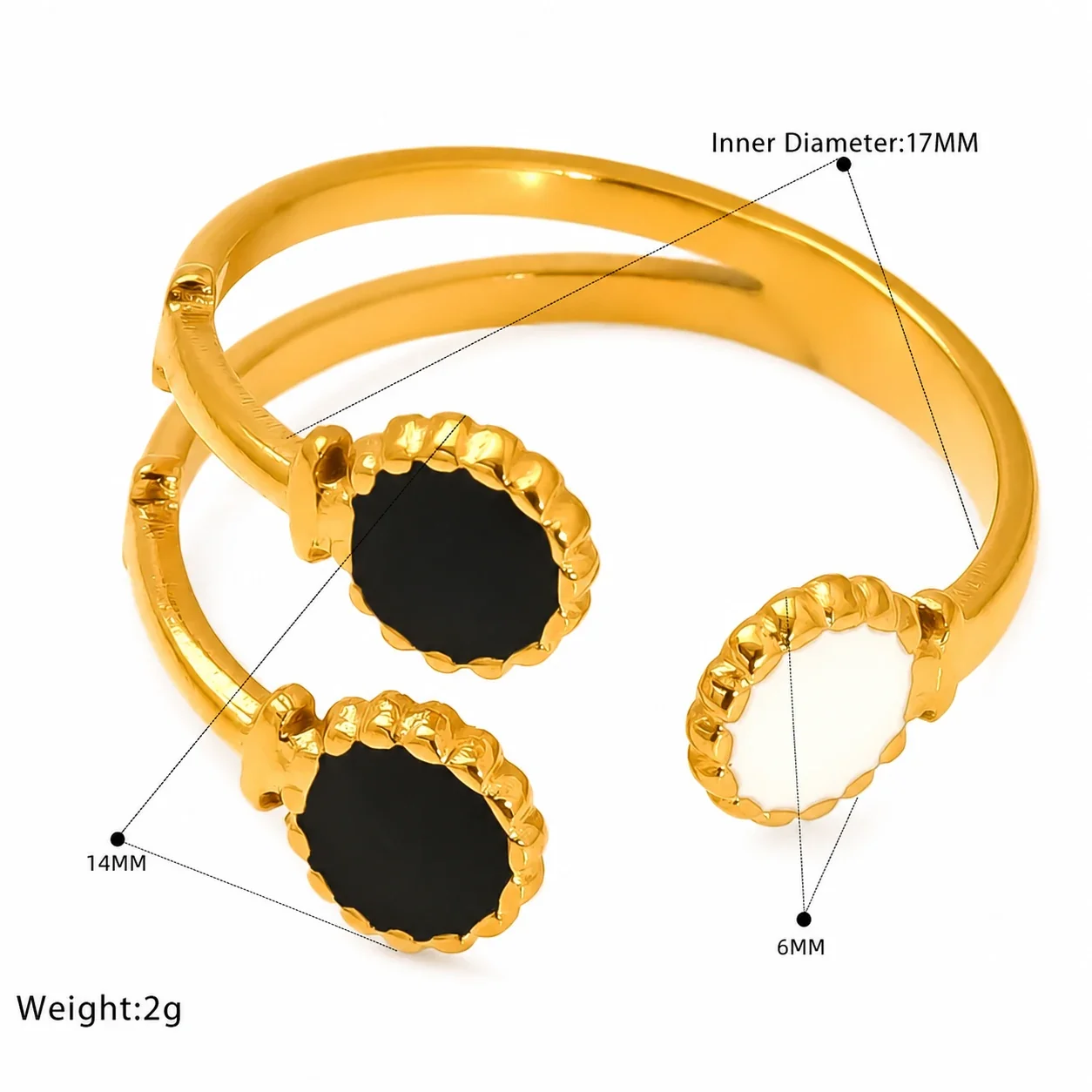 Ornate Gold-Tone Stainless Steel Beaded Enamel Cuff Ring - Gold Black Marquise Enamel Beaded Band