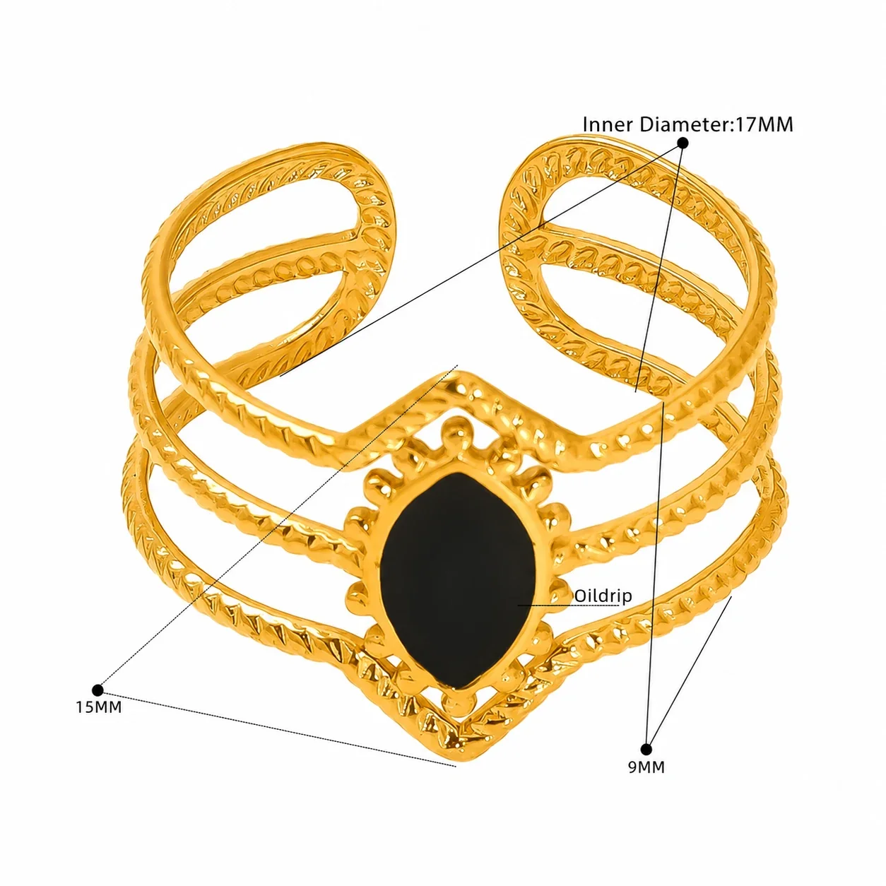 Ornate Gold-Tone Stainless Steel Beaded Enamel Cuff Ring - Gold Black Teardrop Enamel