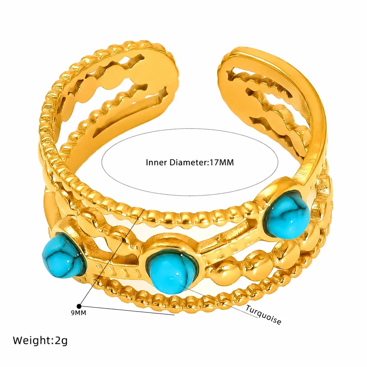 Ornate Gold-Tone Stainless Steel Beaded Enamel Cuff Ring - Gold Black Round Enamel Open