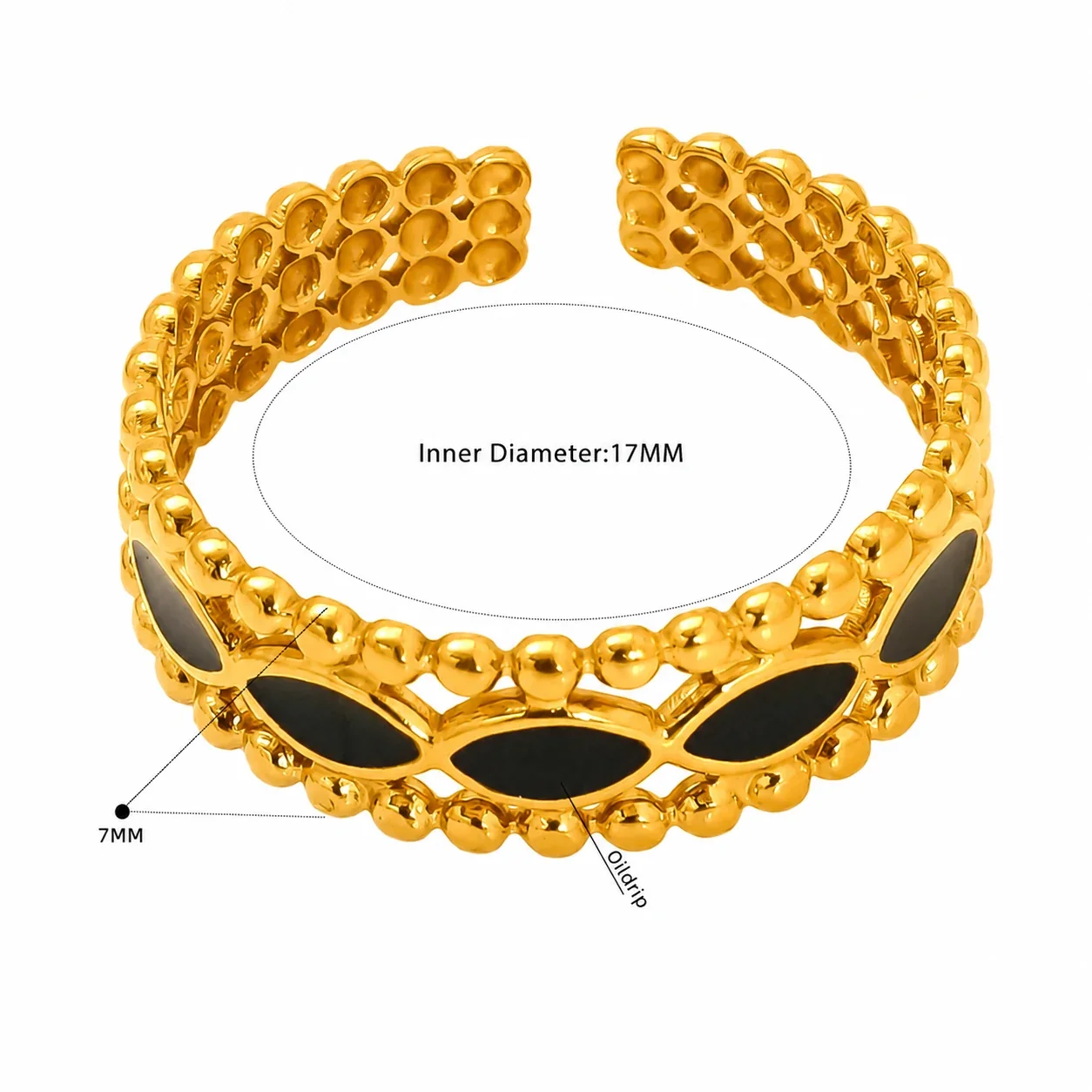 Ornate Gold-Tone Stainless Steel Beaded Enamel Cuff Ring - Gold Black Oval Enamel Multi-Band