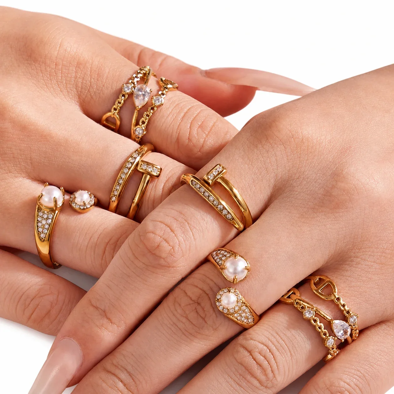 Ornate Pearl-Effect Pavé 18K Gold-Plated Open Ring