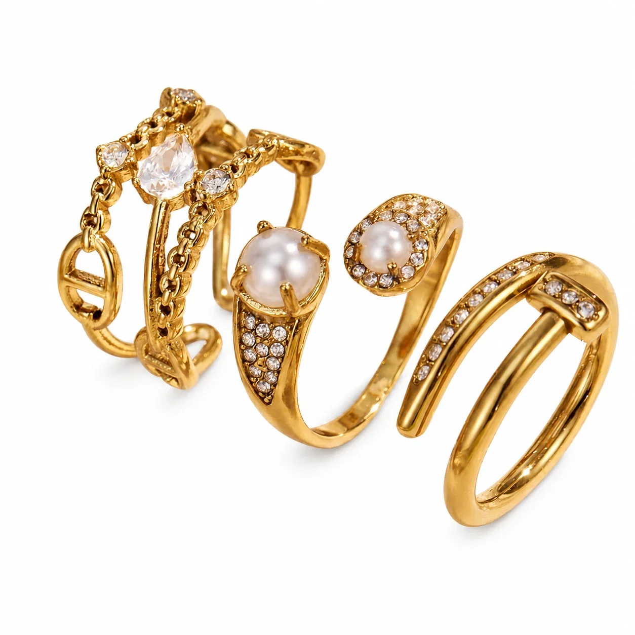 Ornate Pearl-Effect Pavé 18K Gold-Plated Open Ring