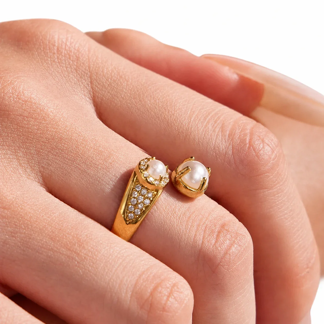 Ornate Pearl-Effect Pavé 18K Gold-Plated Open Ring