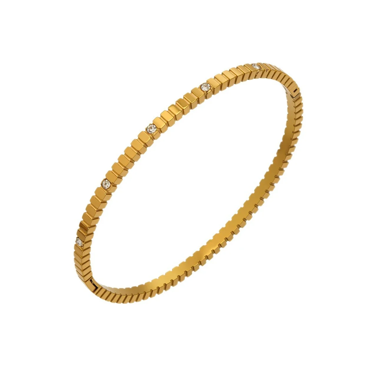 Ribbed Gold-Plated 316L Steel CZ Clasp Bangle