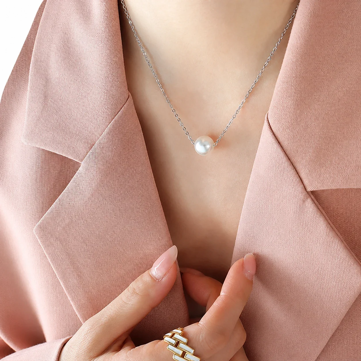 Delicate 316 Stainless Steel Faux Pearl Necklace - Silver