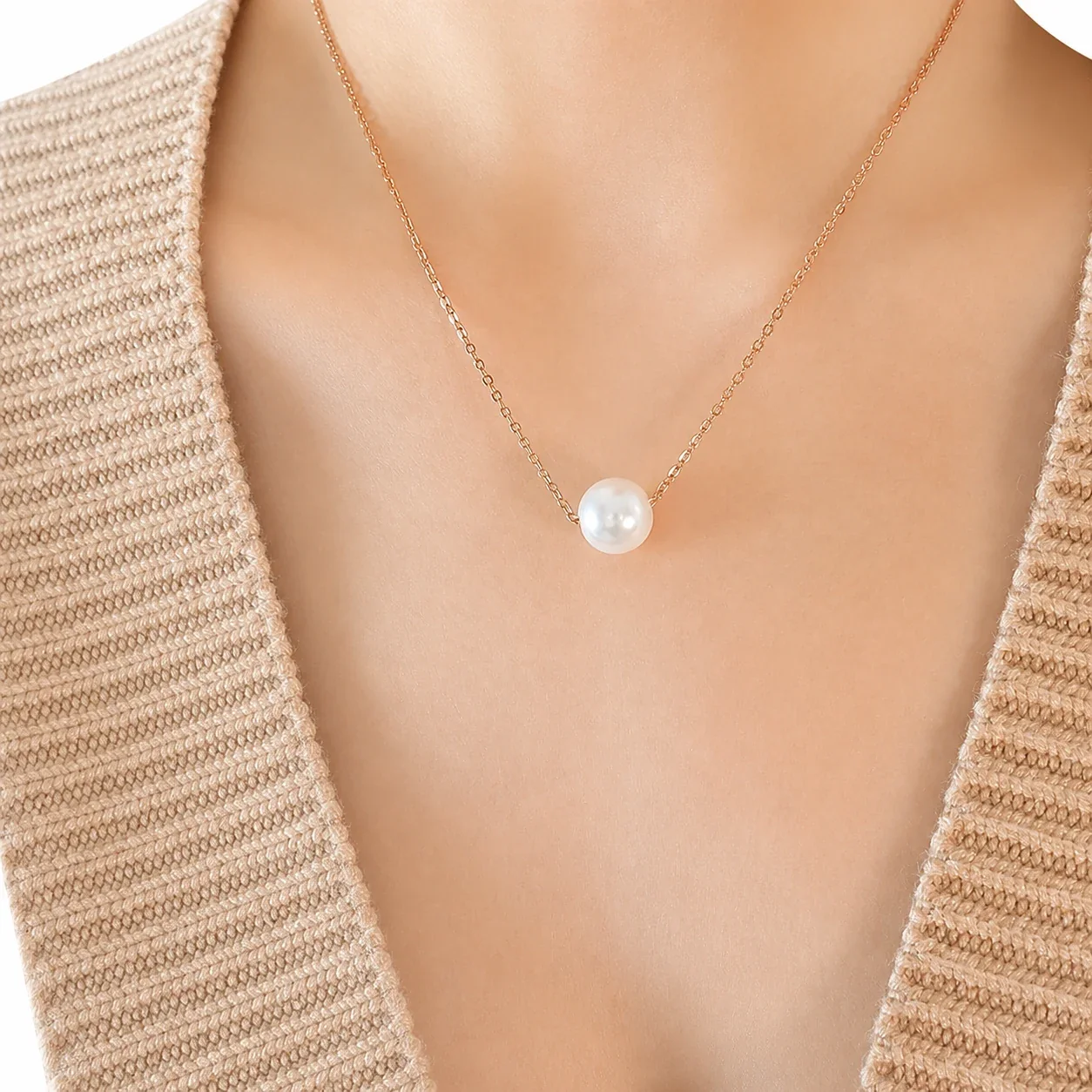 Delicate 316 Stainless Steel Faux Pearl Necklace - Rose Gold White Pearl