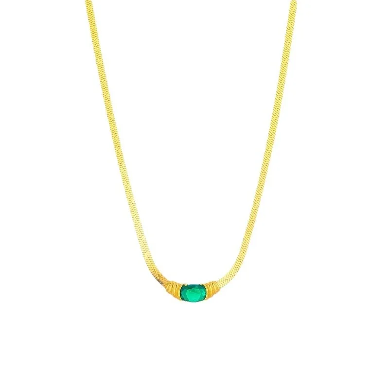 Chain Necklace with Oval Green Crystal, Gold-Plated Stainless Steel