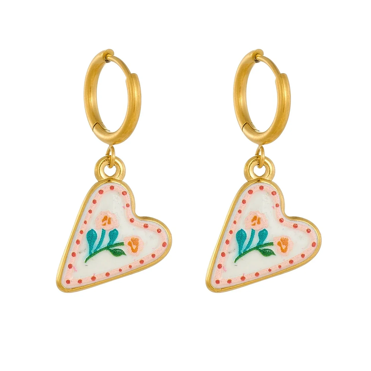 Hoop Earrings with Floral Heart Enamel, Gold-Plated Stainless Steel