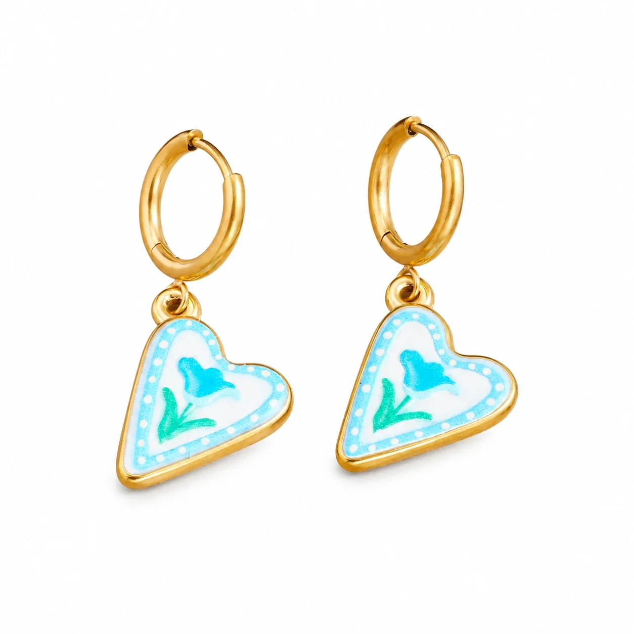 Foto do produto: Brincos de Argola com Coração Floral em Esmalte, Aço Inoxidável Banhado a Ouro