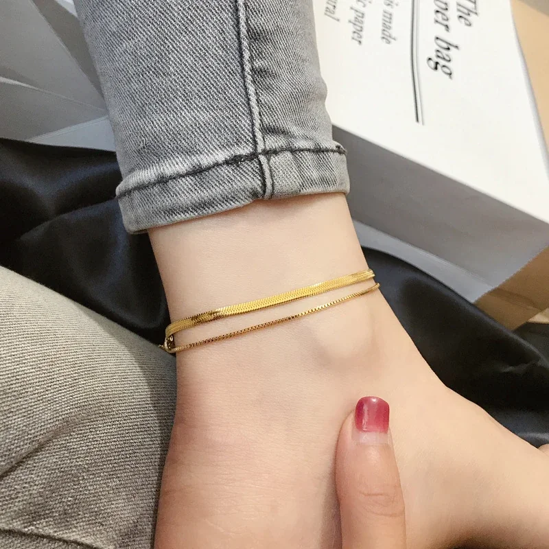Dubbele Herringbone Enkelband, Goudkleurig Roestvrij Staal productfoto