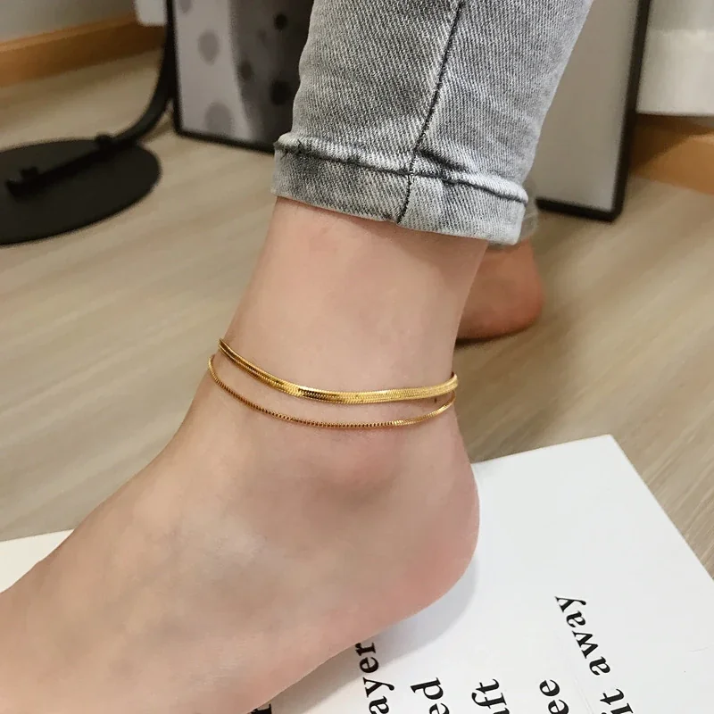 Dubbele Herringbone Enkelband, Goudkleurig Roestvrij Staal productfoto