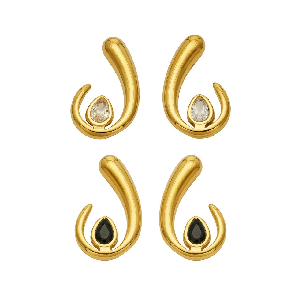 Teardrop CZ U-Shaped Stud Earrings, Stainless Steel Gold PVD