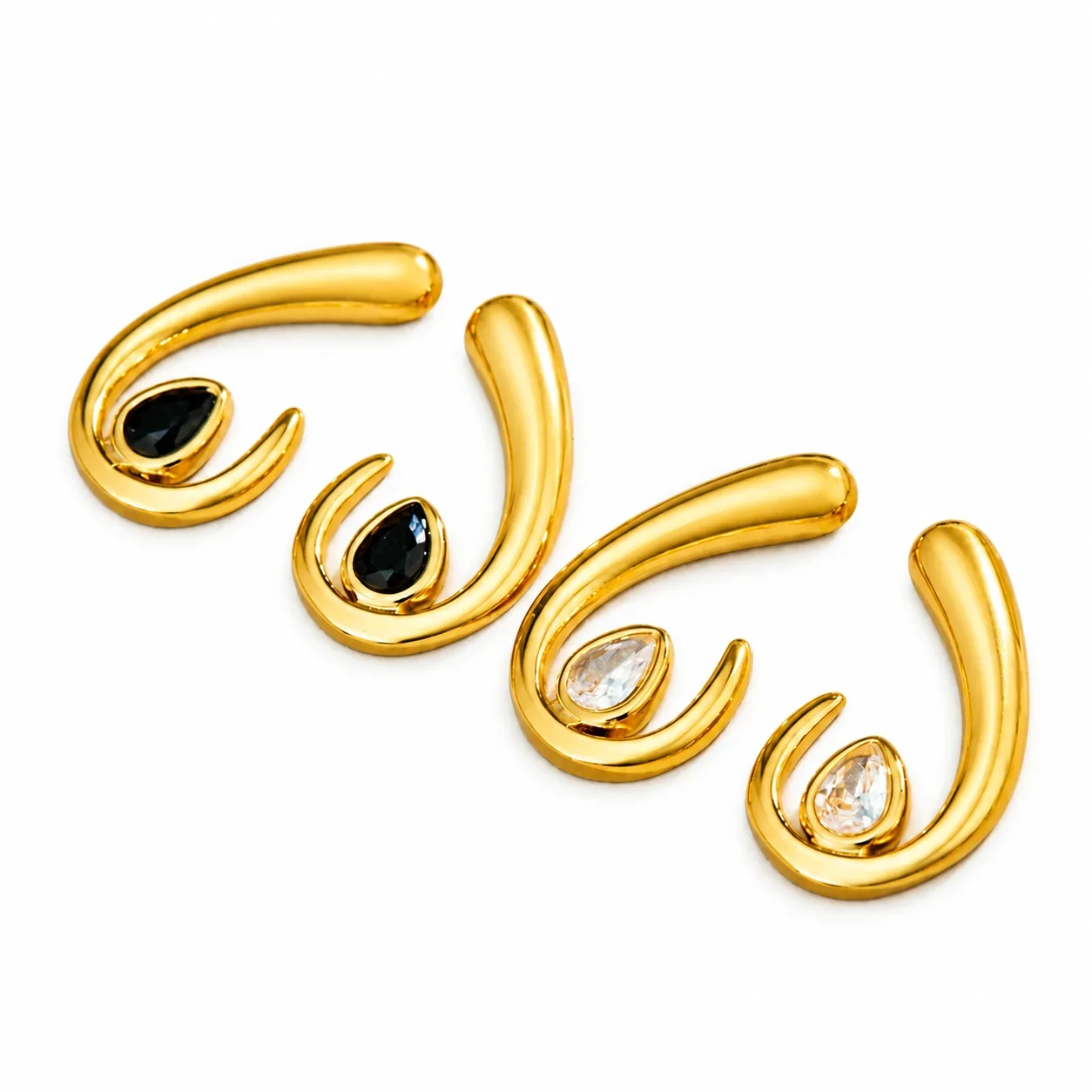Teardrop CZ U-Shaped Stud Earrings, Stainless Steel Gold PVD