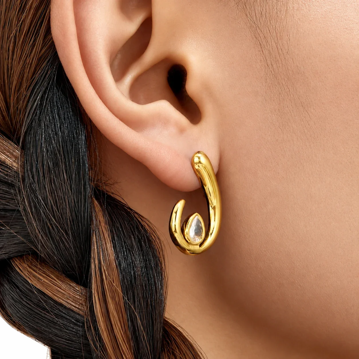 Teardrop CZ U-Shaped Stud Earrings, Stainless Steel Gold PVD