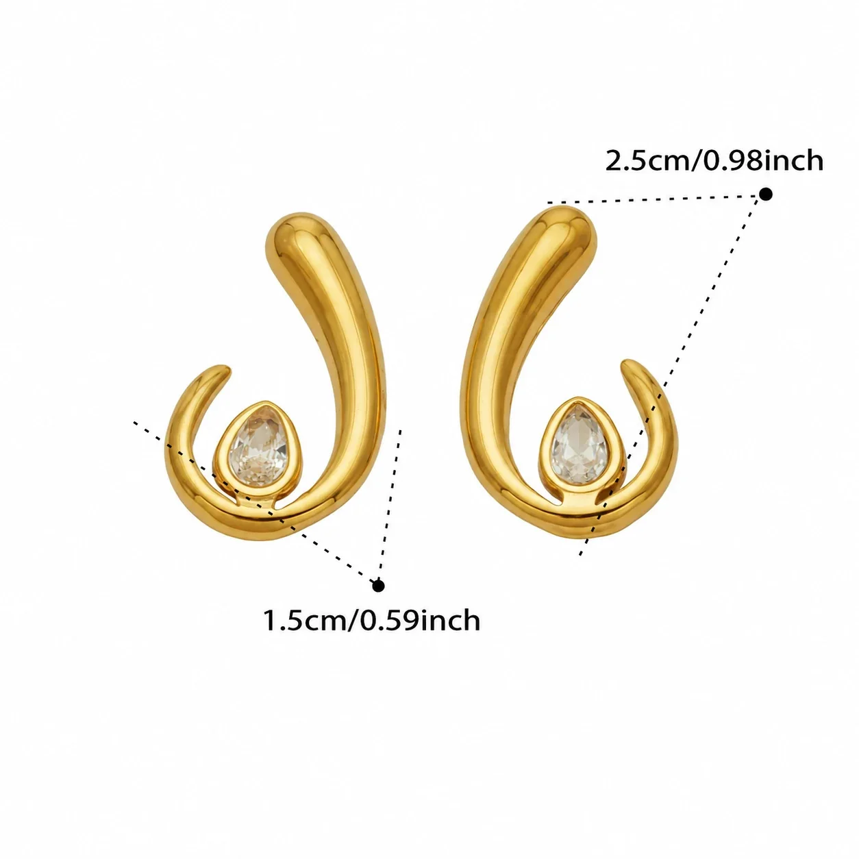 Teardrop CZ U-Shaped Stud Earrings, Stainless Steel Gold PVD - Gold Clear CZ
