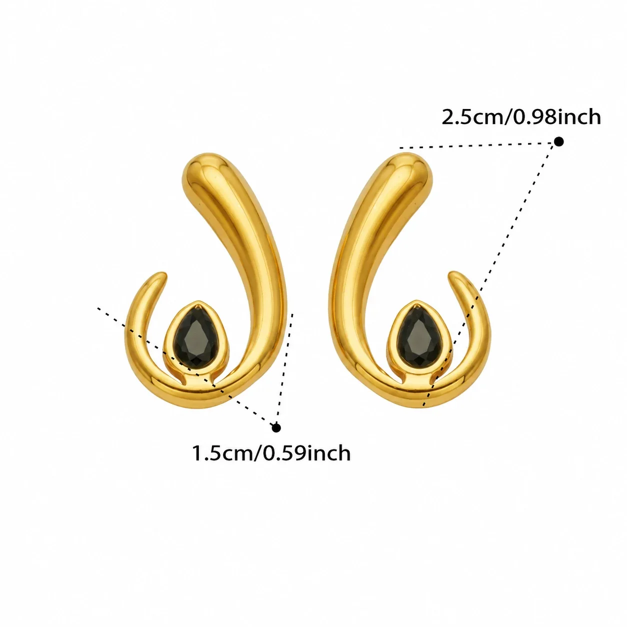 Teardrop CZ U-Shaped Stud Earrings, Stainless Steel Gold PVD - Gold Black CZ