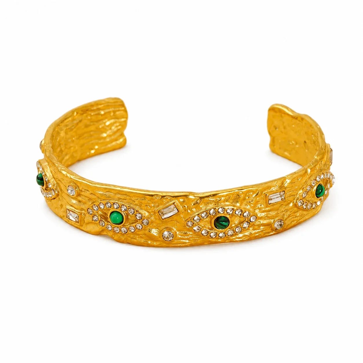 Textured Gold-Plated Evil Eye Green Crystal Cuff