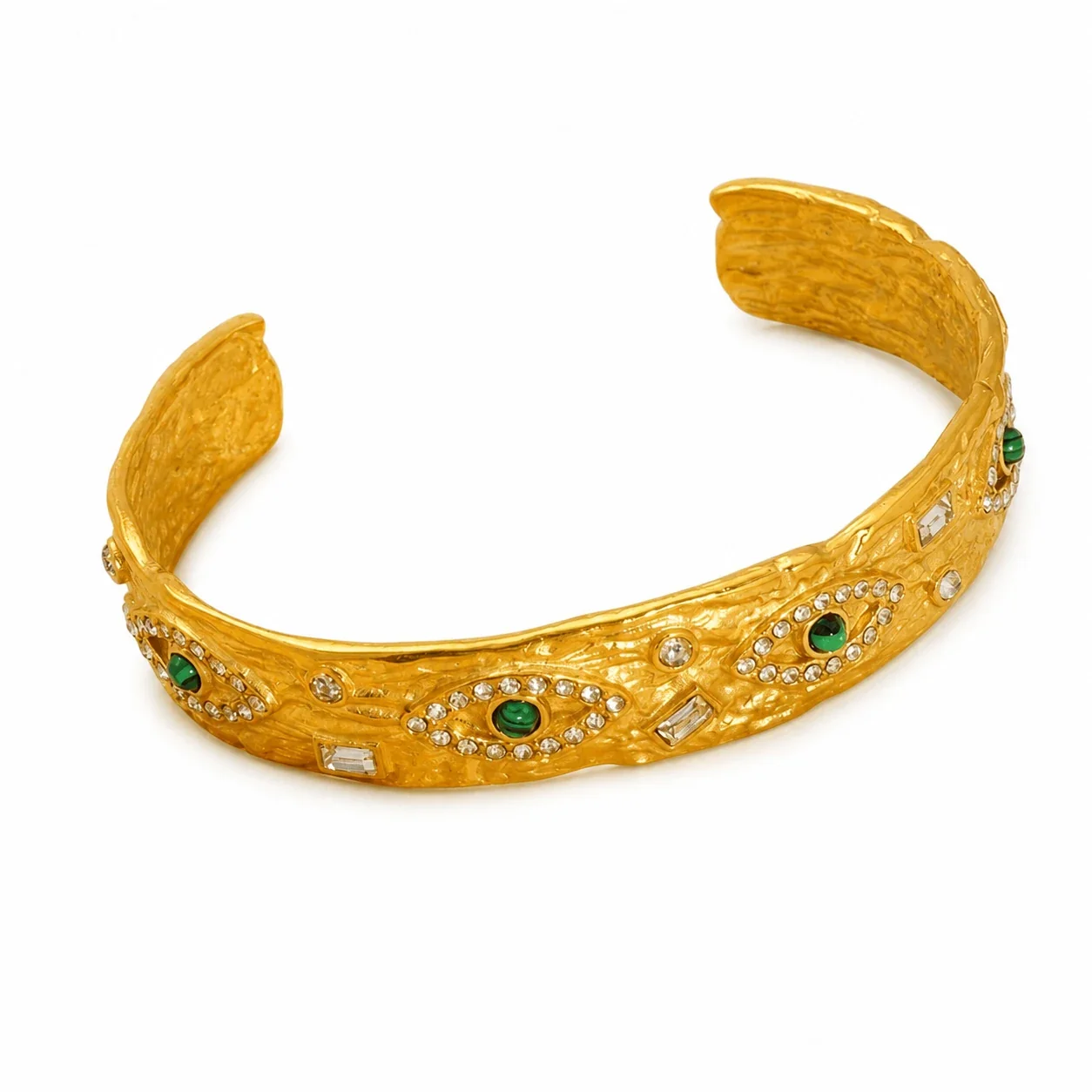 Textured Gold-Plated Evil Eye Green Crystal Cuff