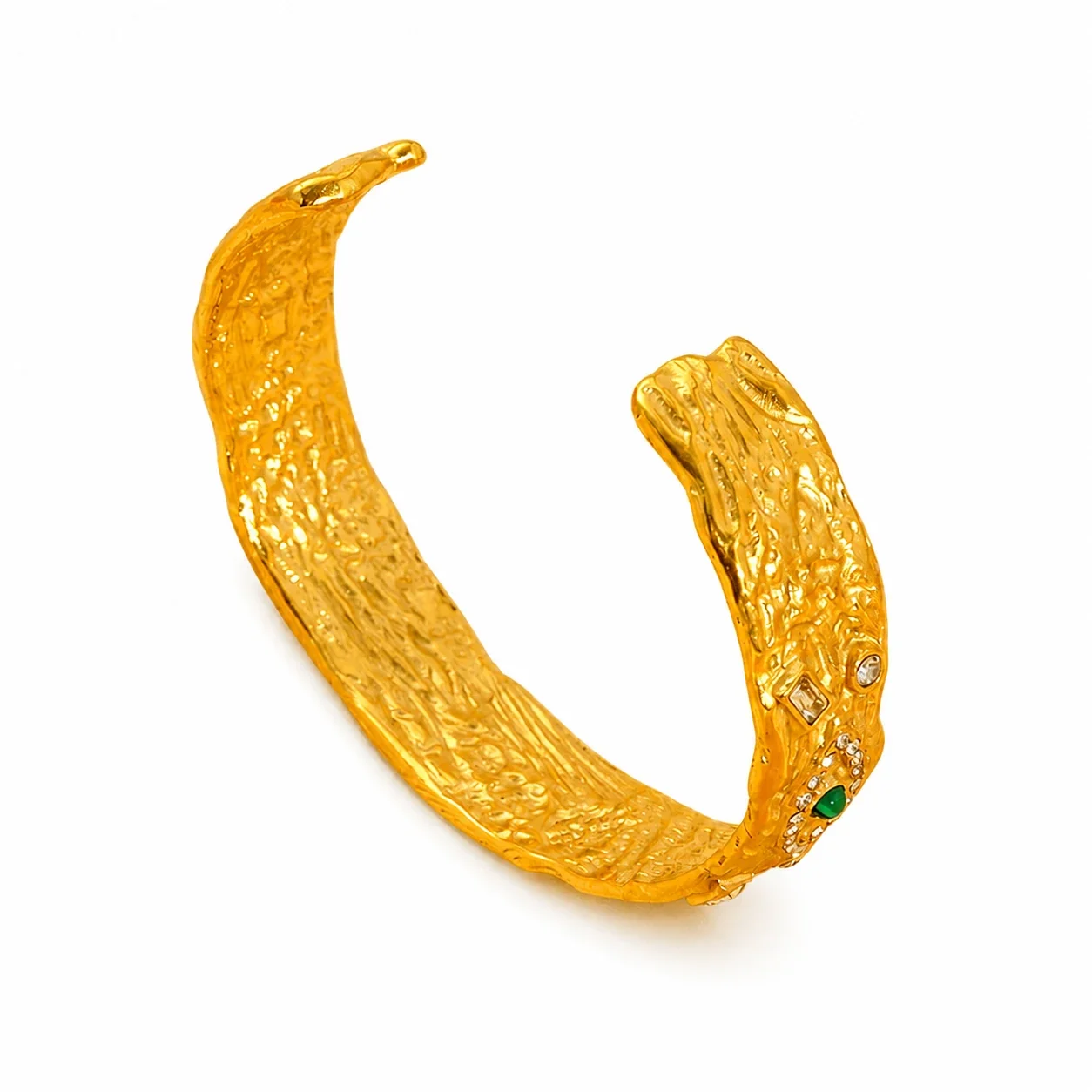 Textured Gold-Plated Evil Eye Green Crystal Cuff