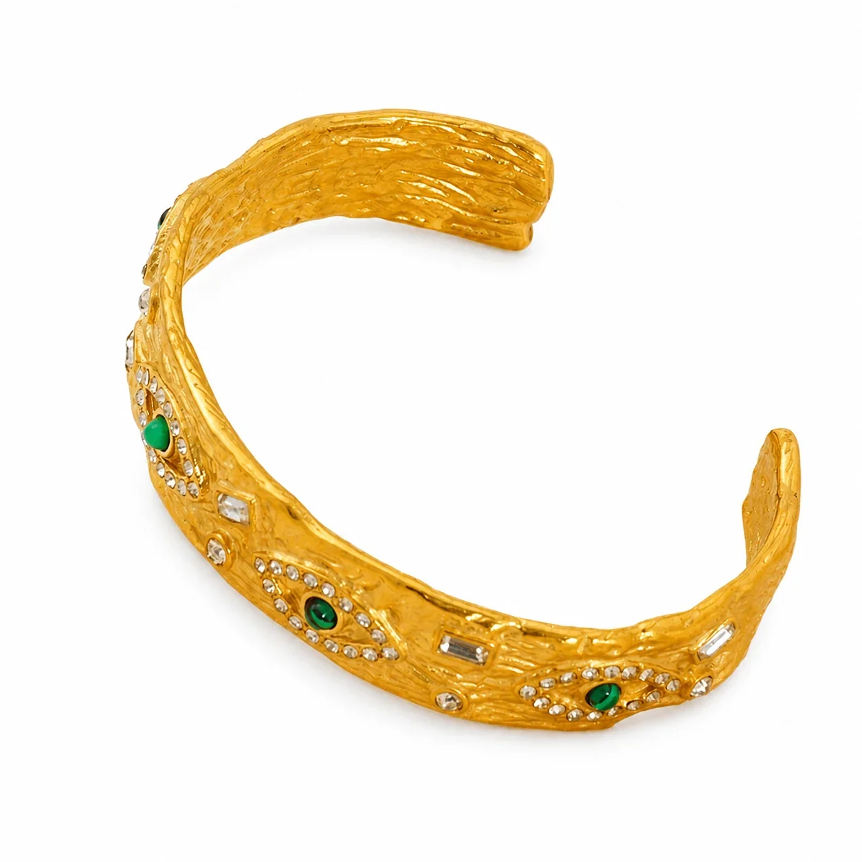 Textured Gold-Plated Evil Eye Green Crystal Cuff