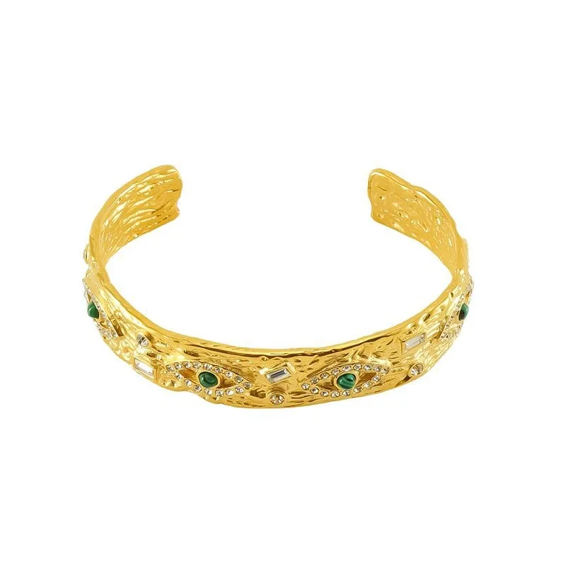 Textured Gold-Plated Evil Eye Green Crystal Cuff
