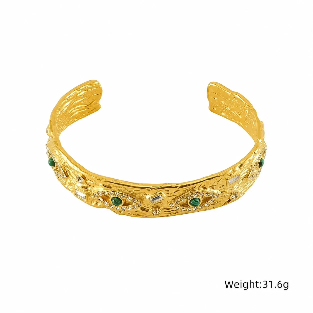 Textured Gold-Plated Evil Eye Green Crystal Cuff - Gold