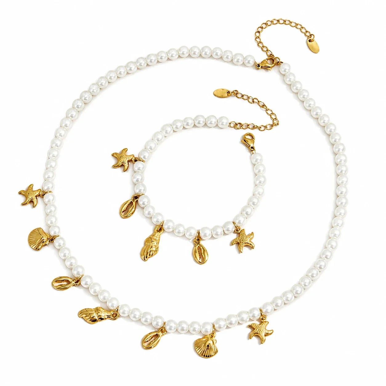 Ocean Charm Gold-Plated 316L Bead Necklace Bracelet Set
