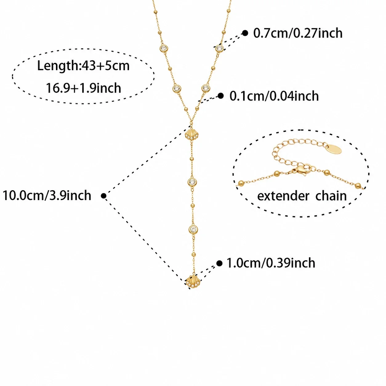 Ocean Charm Gold-Plated 316L Bead Necklace Bracelet Set - Gold Scallop CZ Y 43 + 5 cm