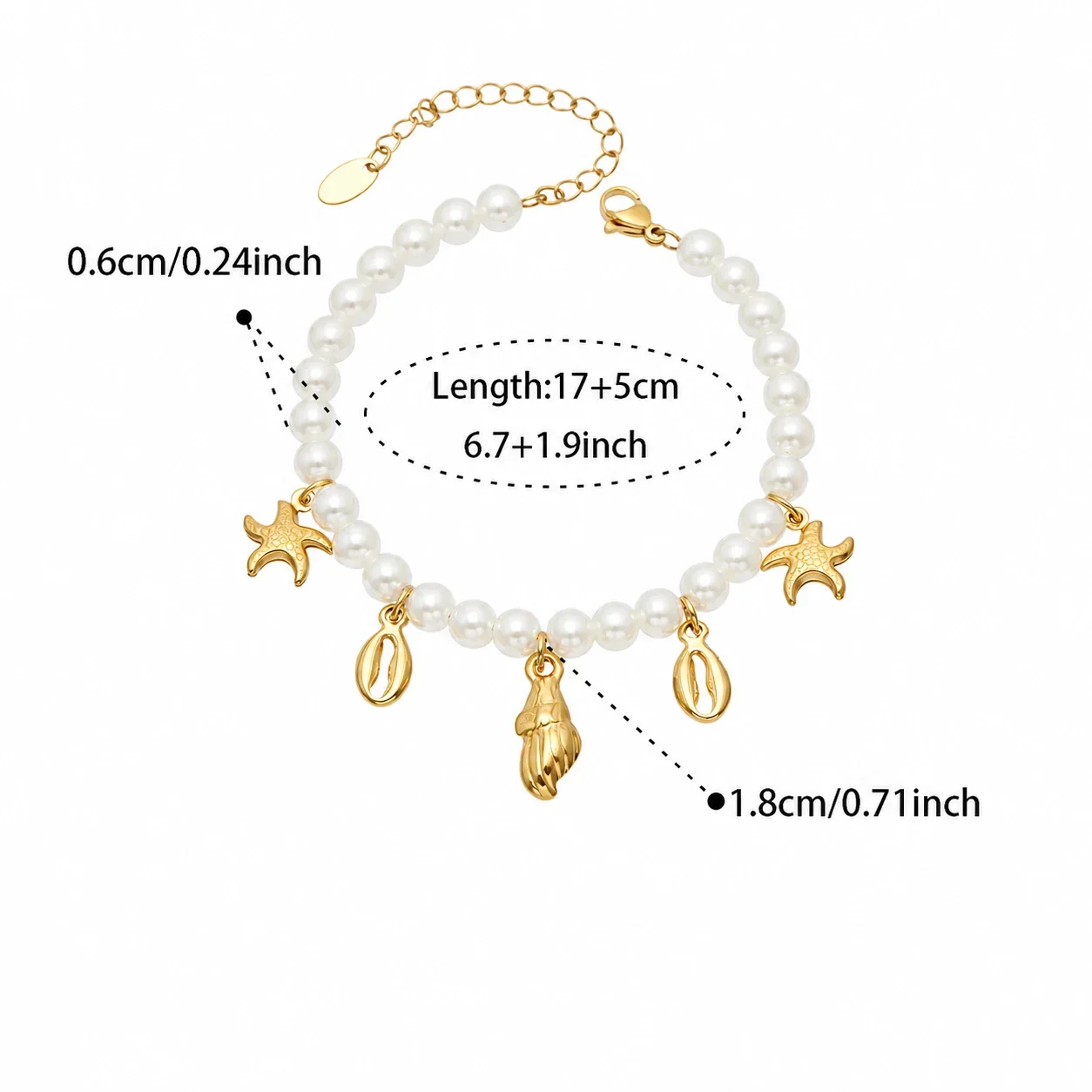 Ocean Charm Gold-Plated 316L Bead Necklace Bracelet Set - Gold Pearl-Effect Multi-Charm 17 + 5 cm