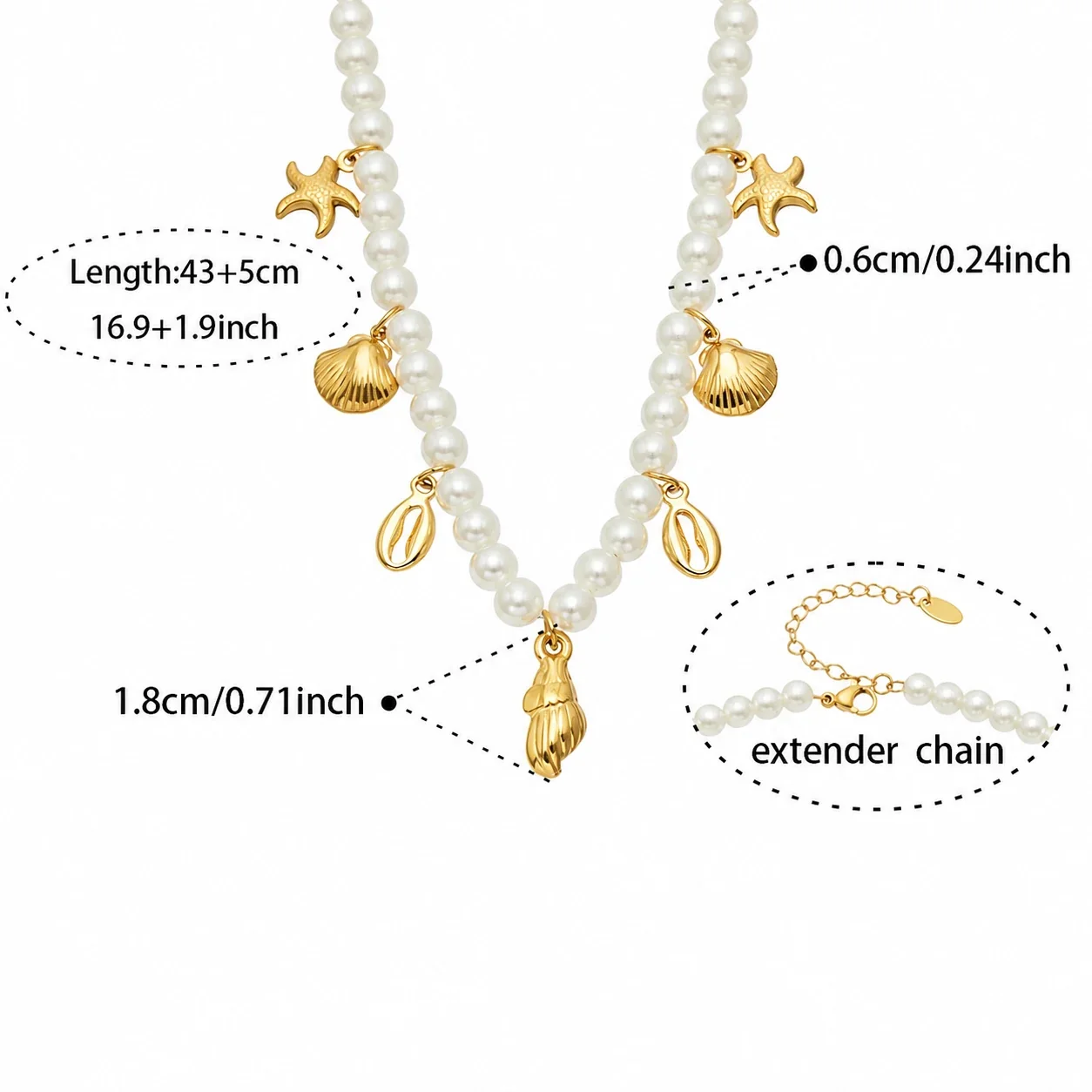 Ocean Charm Gold-Plated 316L Bead Necklace Bracelet Set - Gold Pearl-Effect Multi-Charm 43 + 5 cm