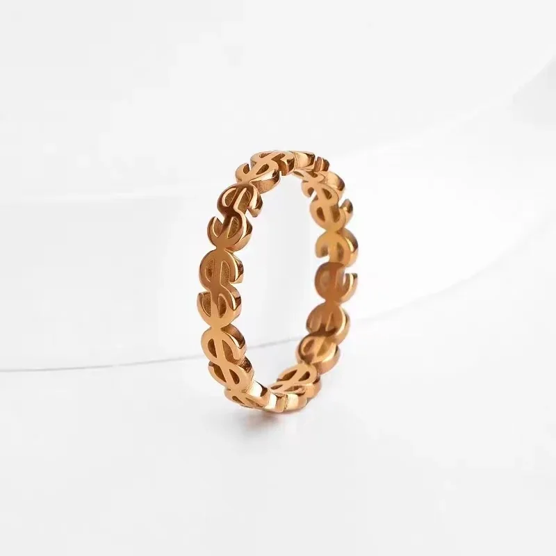 Dollar Sign Cutout Band Ring, 18K Gold-Plated Stainless Steel