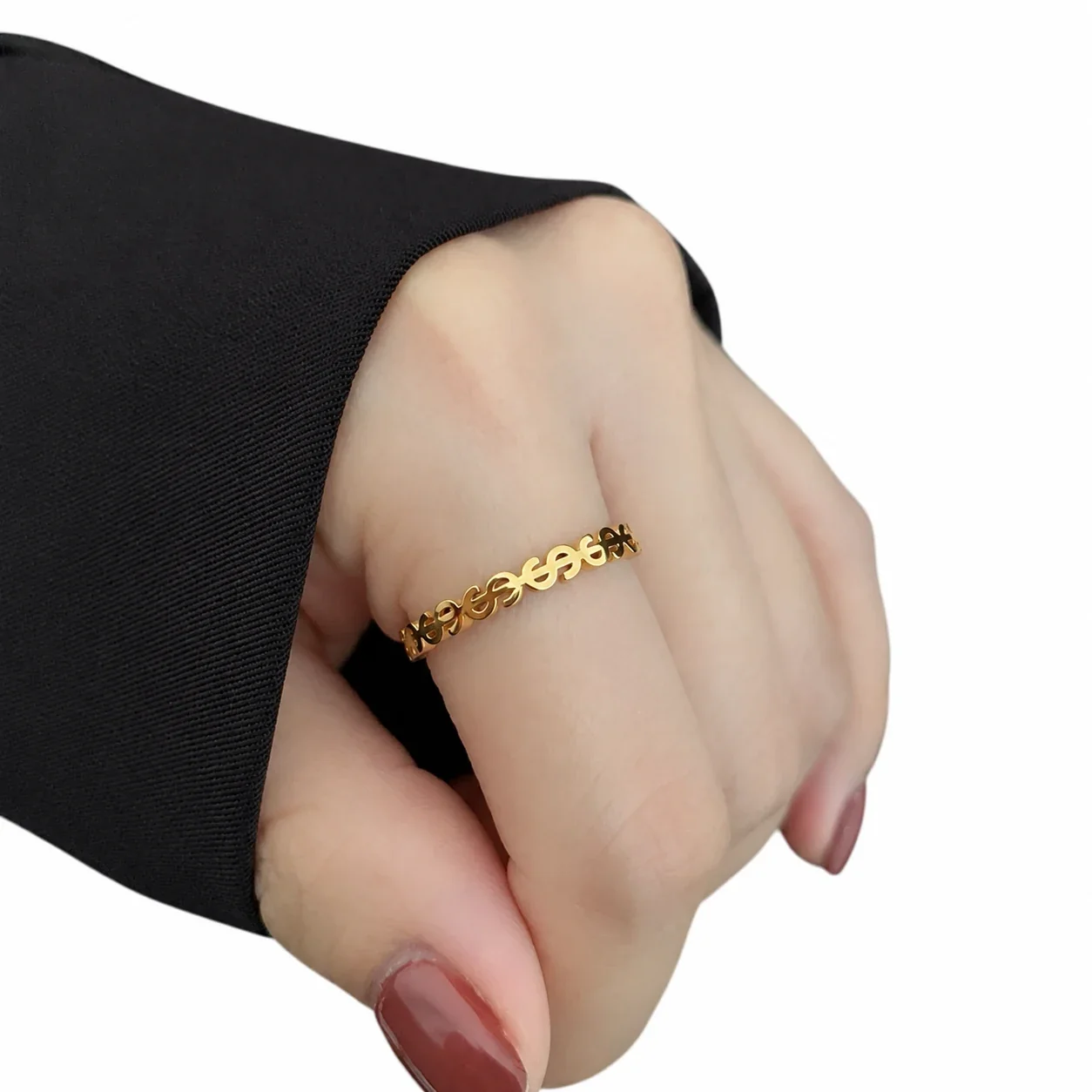 Dollar Sign Cutout Band Ring, 18K Gold-Plated Stainless Steel